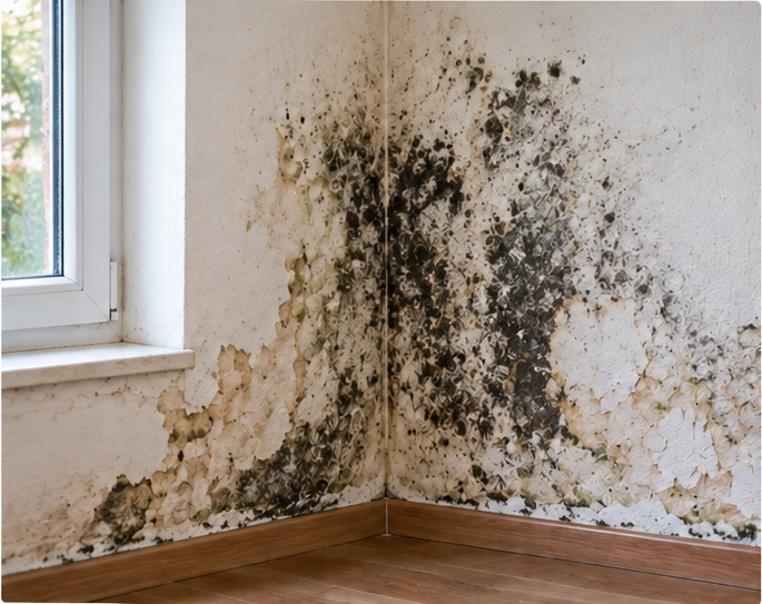 Humidité et moisissures sur un mur intérieur